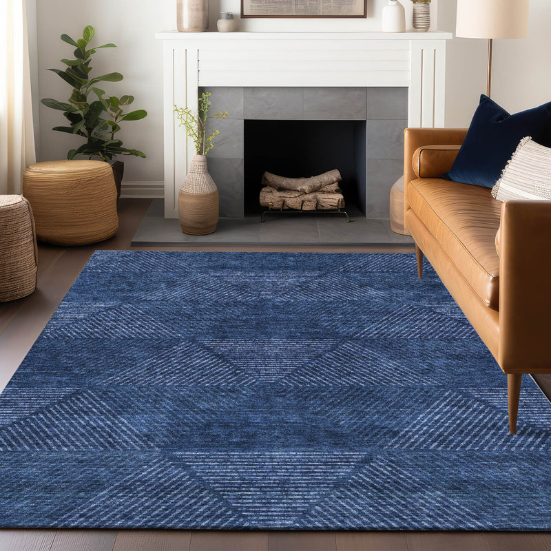 Tapis bleu marine de qualité supérieure lavable à la machine Prisco, Rectangulaire 8 pi x 10 pi