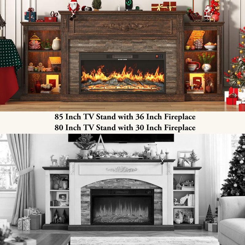 85 Inch Farmhouse TV Stand with 36 Inch Electric Fireplace, Faux Stone Mantel, APP & Remote Control LED Lights, Built-in Power Strip, Adjustable Storage Console, Entertainment Center for TVs Up to 95 Inches