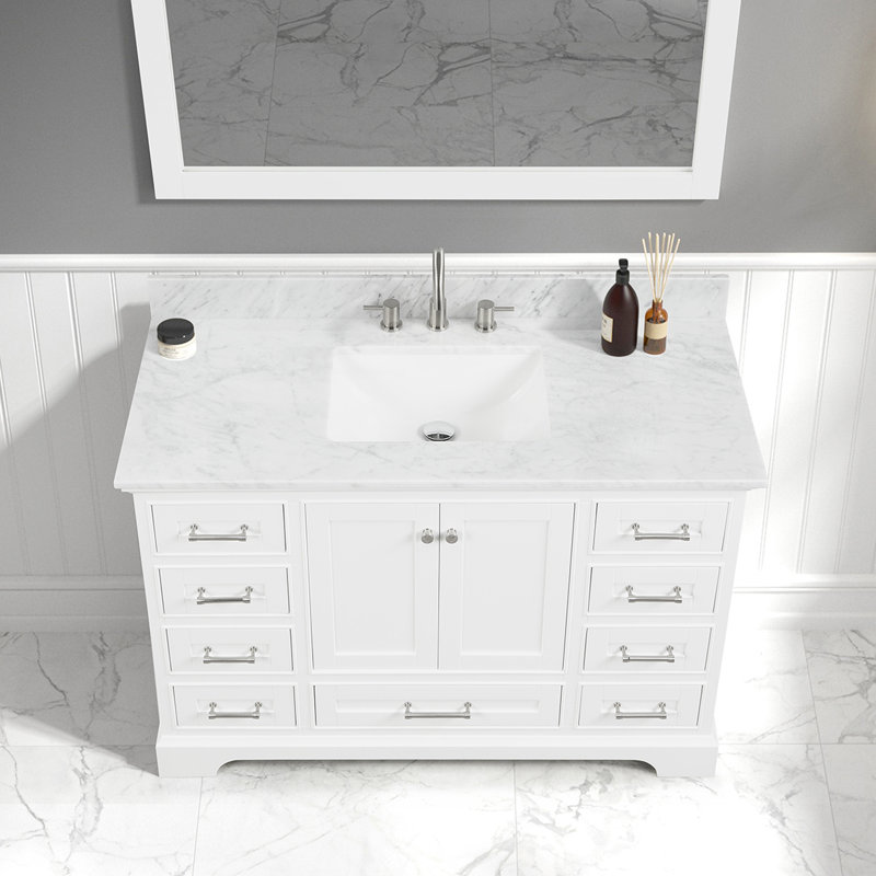 Meuble-lavabo simple 49 po avec plateau en marbre de Carrare Barrville, Blanc