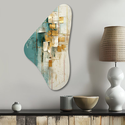 «California Sunshine Retro Abstract Gold Teal», peinture abstraite en forme de Boomerang, art mural en métal asymétrique