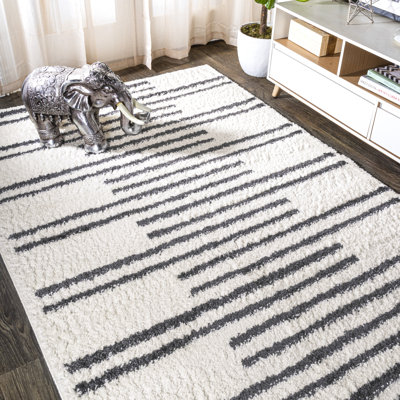 Petra Stripe Geometric Shag White/Gray Rug