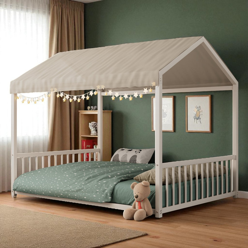 Metal Canopy Bed Floor House Bed, Full, White