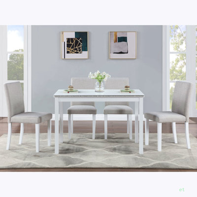 5 Piece Wooden Dining Table Set, Kitchen Table Set With A Rectangular Table And 4 Upholstered Chairs, Wooden Dining Room Table With Crystal Decoration And Chairs Set For Kitchen, Dining Room