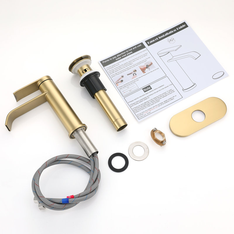 Robinet de lavabo de salle de bain à fixation sur comptoir à simple trou avec bonde escamotable et plaque de pont, Or brossé