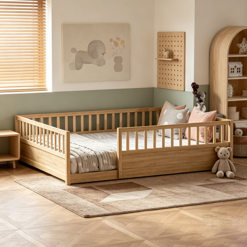 Montessori Wooden Floor Bed With High Security Barrier, Ideal For Children's Safety And Comfortable Sleep, Natural, Queen