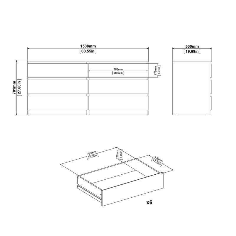 Jada 6 Drawer 60.5" W Double Dresser, White High Gloss