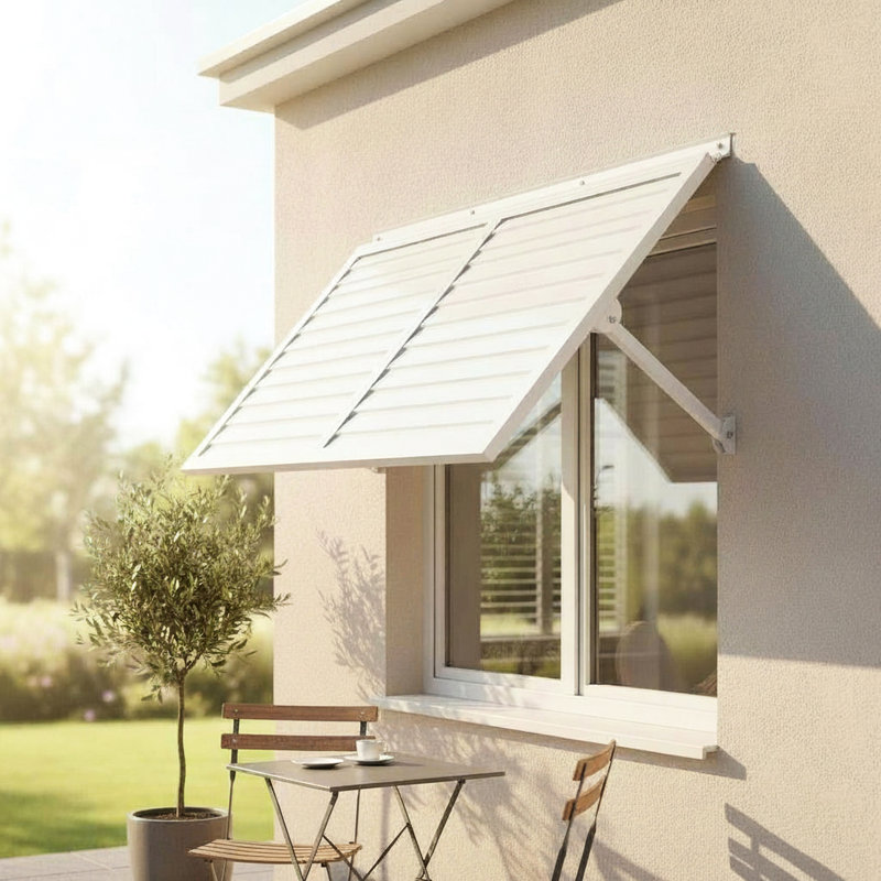 Auvent blanc en métal blanc 4,6, utilisation extérieure en aluminium léger, finition thermolaquée solide contemporaine, charnière continue clignotante intégrée, installation pour une installation efficace, acier inoxydable