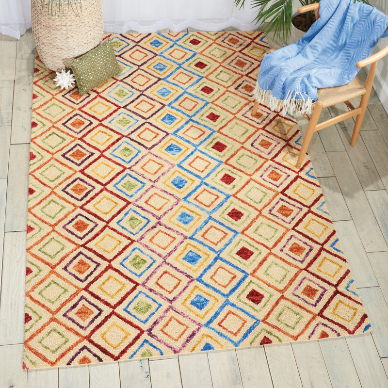 Geometric Handmade Tufted Wool Ivory Area Rug, Rectangle 4' x 6'