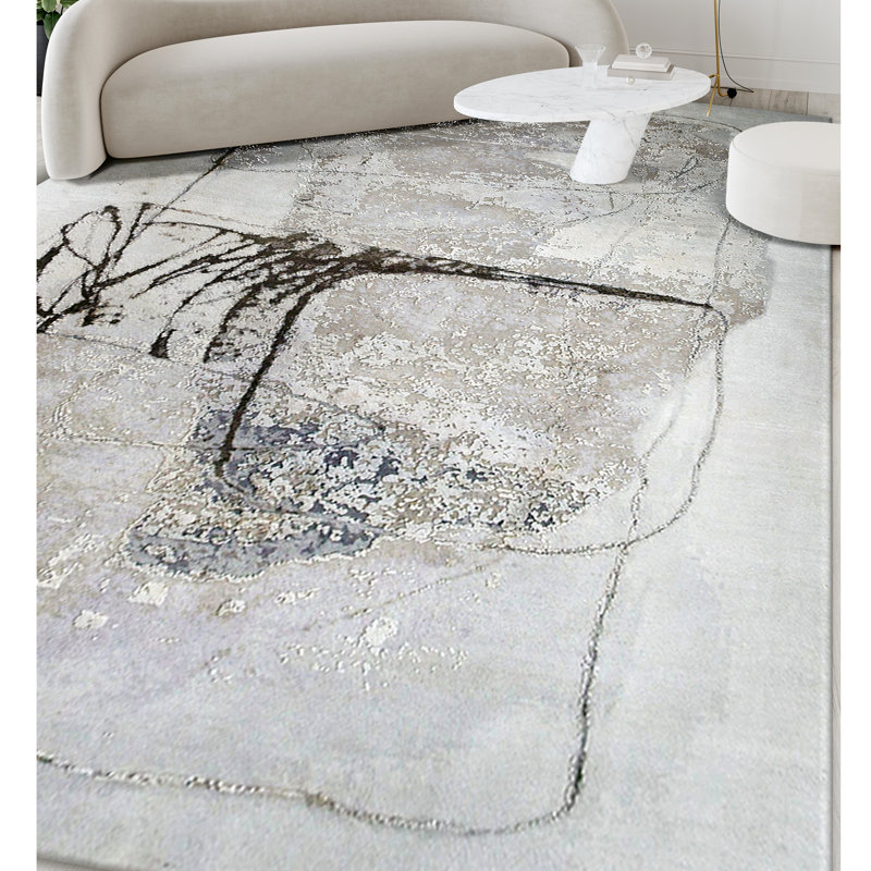Tapis en laine / soie tissé à la main en ivoire / gris / noir, Rectangle 8 pi x 10 pi