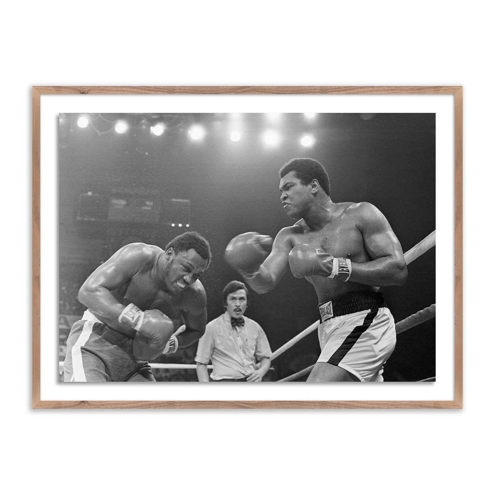 Adom "Muhammad Ali Punching Joe Frazier" Print, Rustic Walnut Framed, 30" H x 40" W