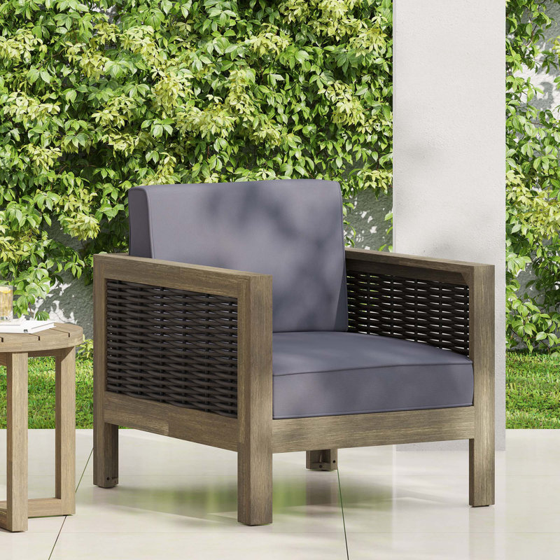 Outdoor Acacia Wood Club Chair with Wicker Accents, Light Gray/Gray