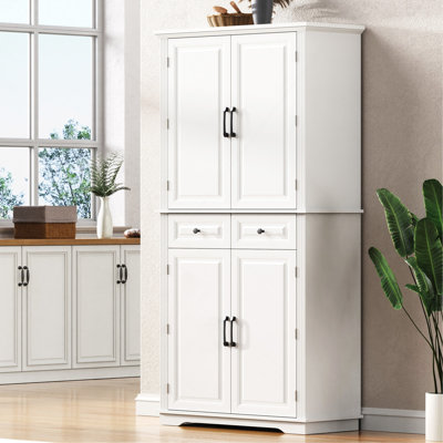 71" Tall Kitchen Pantry Cabinet with 3 Pull Out Cabinet Organizers, Farmhouse Embossed Texture Storage Cabinet with 6 Door Shelves, 2 Drawers, Freestanding Cupboard for Kitchen, Dining Room White