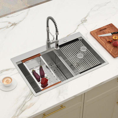 33" L x 22" W Drop-in Double Bowl 60/40 Kitchen Sink Workstation 16 Gauge Stainless Steel Sink Low-Divide Top Mount Kitchen Sink