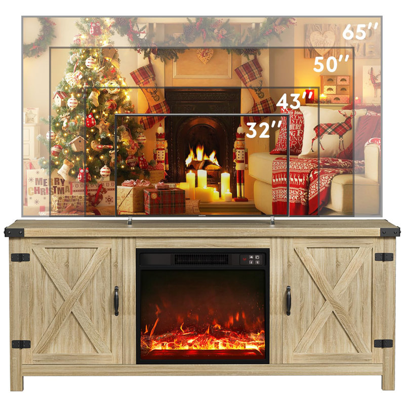 Meuble télé avec deux portes de grange et armoires de rangement pour téléviseur de 65 po ou moins, console de divertissement
