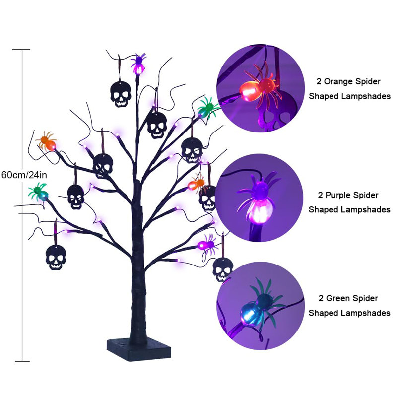 Arbre d'arbre d'Halloween effrayant noir 2 pi avec 24 lumières DEL orange