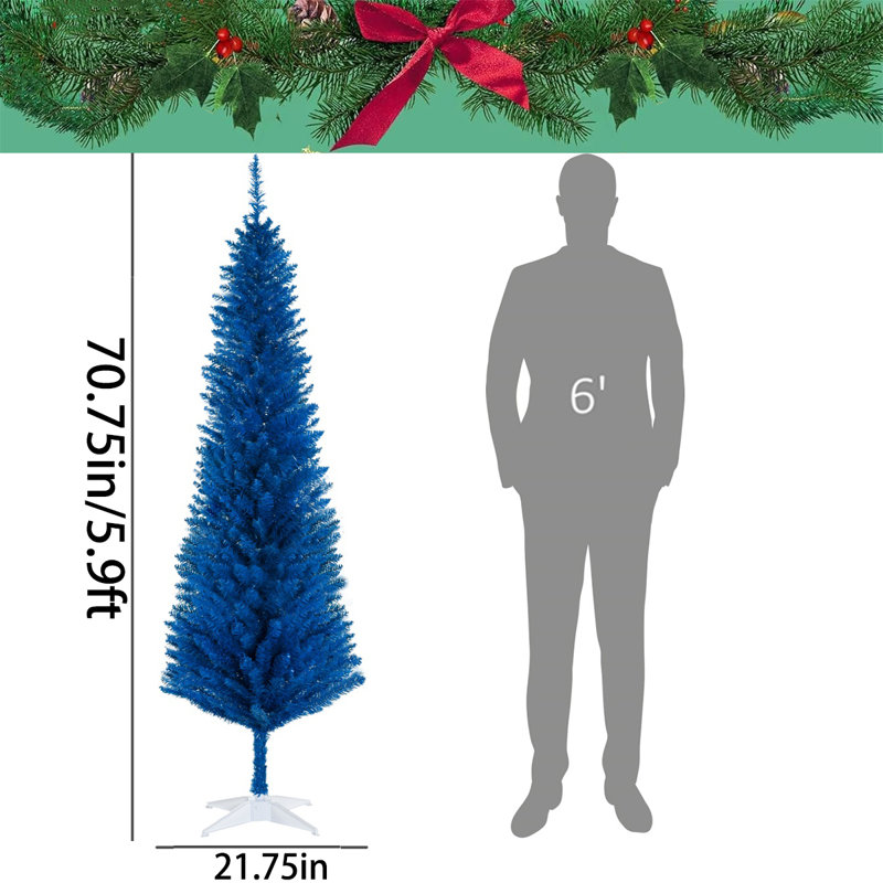 Arbre de Noël artificiel au crayon bleu 5,9 pi avec 390 pointes de branches, arbre de Noël mince facile à assembler avec base amovible blanche, parfait pour les fêtes