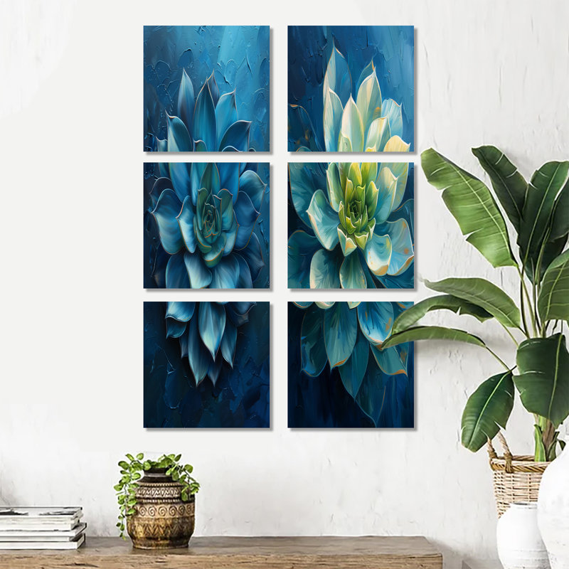 Green Blue Succulent Blooming Dream - Succulent Wall Decor Set Of 6, Wrapped Canvas, Does Not Apply