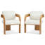 Ensemble de 2 chaises de salle à manger avec dossier coussiné, tissu blanc bouclé, structure en bois massif de couleur naturelle-133621969-133621980