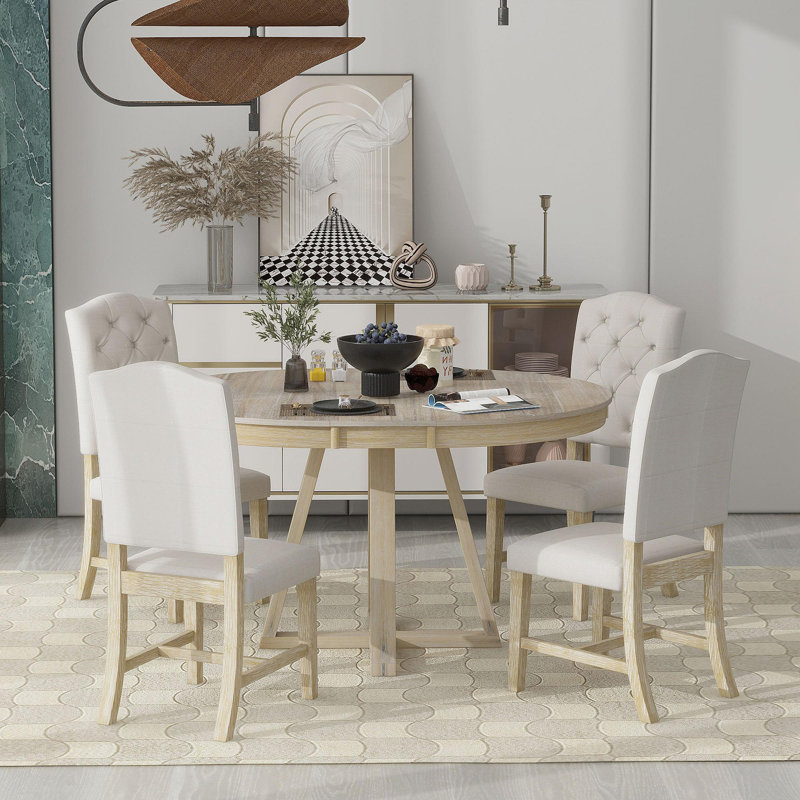 Ensemble de salle à manger rétro 5 pièces, table ronde avec rallonge de l 16 po et 4 chaises rembourrées pour salle à manger et salon (naturel)