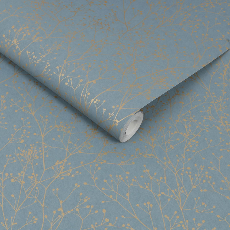 Clarissa Hulse Gypsophila Metallic Floral Wallpaper, Blue/Golden