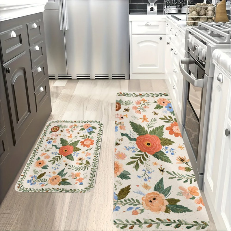 Watercolor Floral Wreath, Kitchen Mats Set Of 2