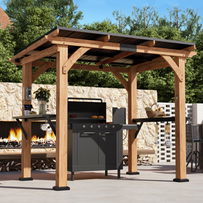 Beverly 6Ft X 8Ft Premium Cedar Wood Slope Hard Top Grill Pavillian Gazebo With Charging Station And Accessory Organizer