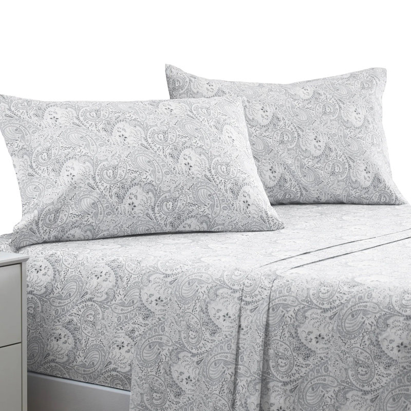 Draps Mellanni 1800, Ensemble de draps pour lit très grand californien, Motif cachemire gris