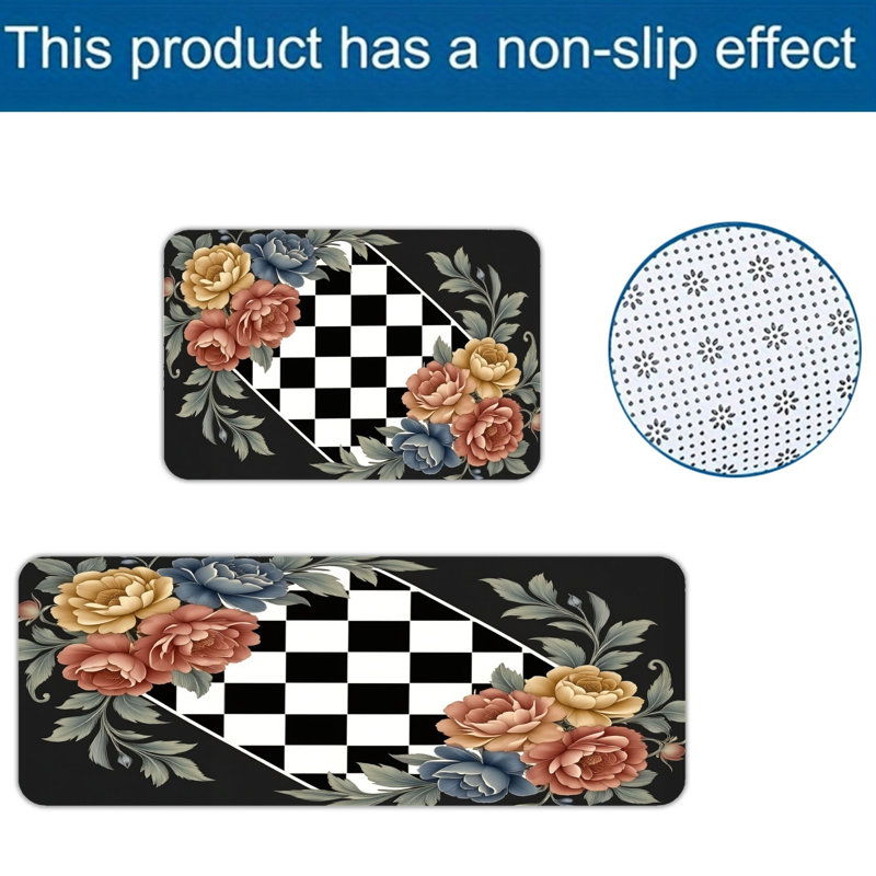 Black White Checkerboard Floral 2 PC Kitchen Floor Rugs, Farmhouse Kitchen