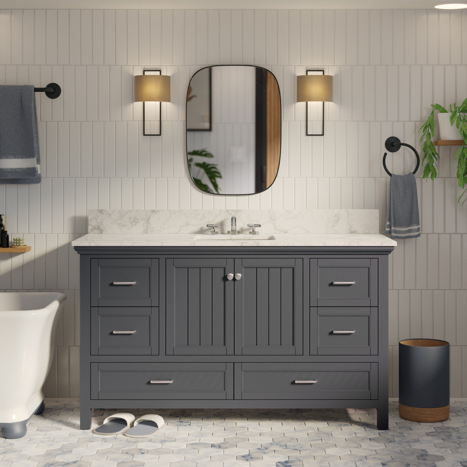 Maven 60" Carrara Marble Single Bathroom Vanity, Marine Gray