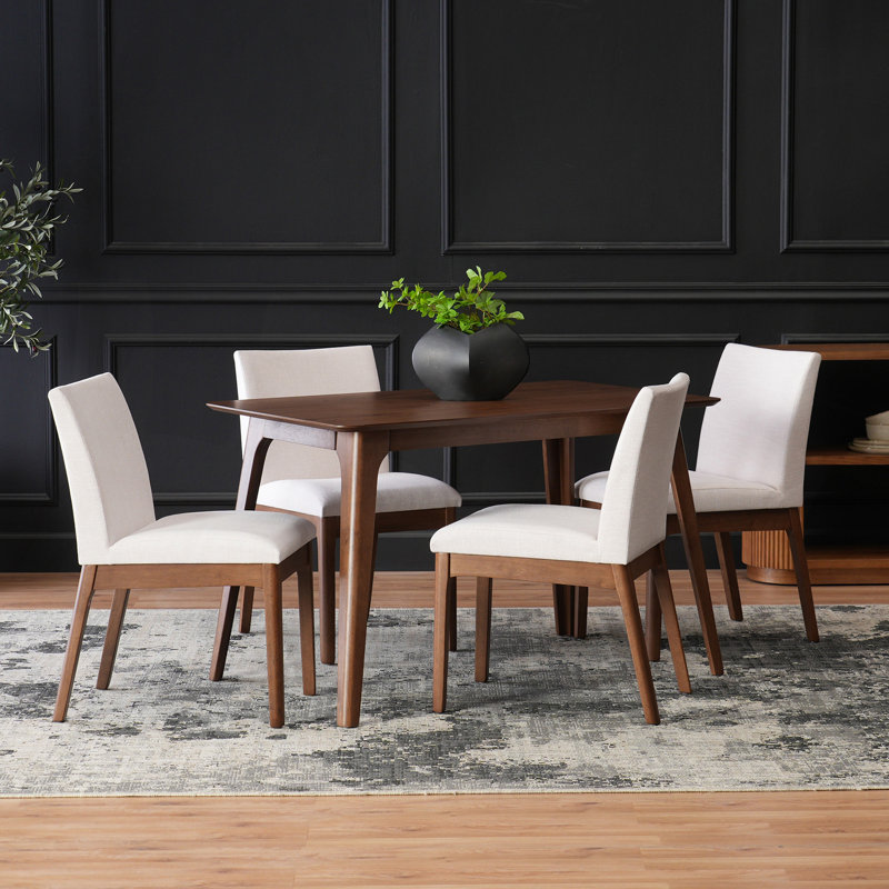 Ensemble de table de salle à manger 5 pièces avec une table à structure en bois massif et 4 chaises rembourrées pour la salle à manger, noyer et beige clair
