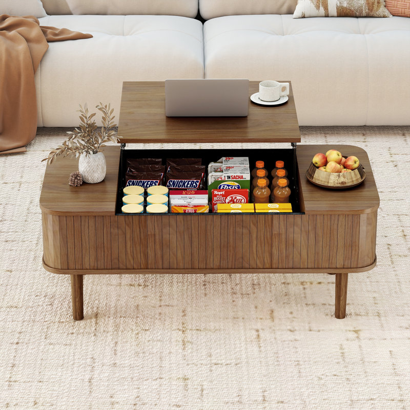 Table basse de 39,4 po de style Mid-Century moderne à plateau relevable, rangement caché et plateau rabattable, table centrale cannelée