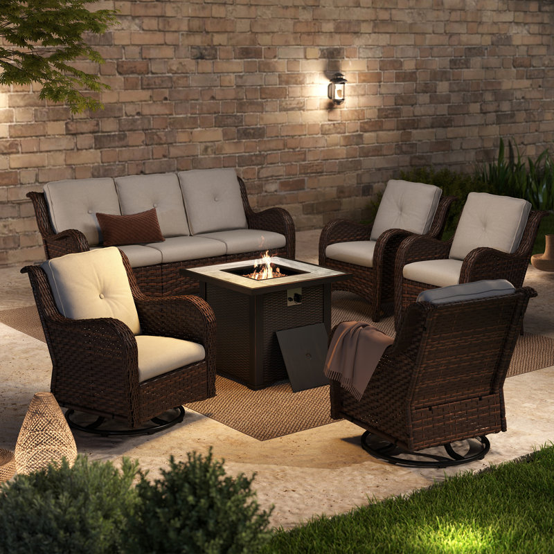 Arde 7-Person Outdoor Wicker Patio Set with Fire Pit Table & Swivel Chairs