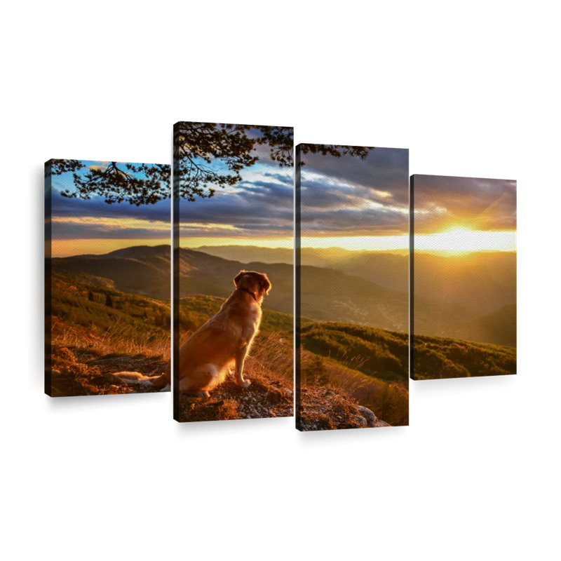 " Dog Watching Sunrise " 4 - Pieces, 22" H x 36" W x 1" D