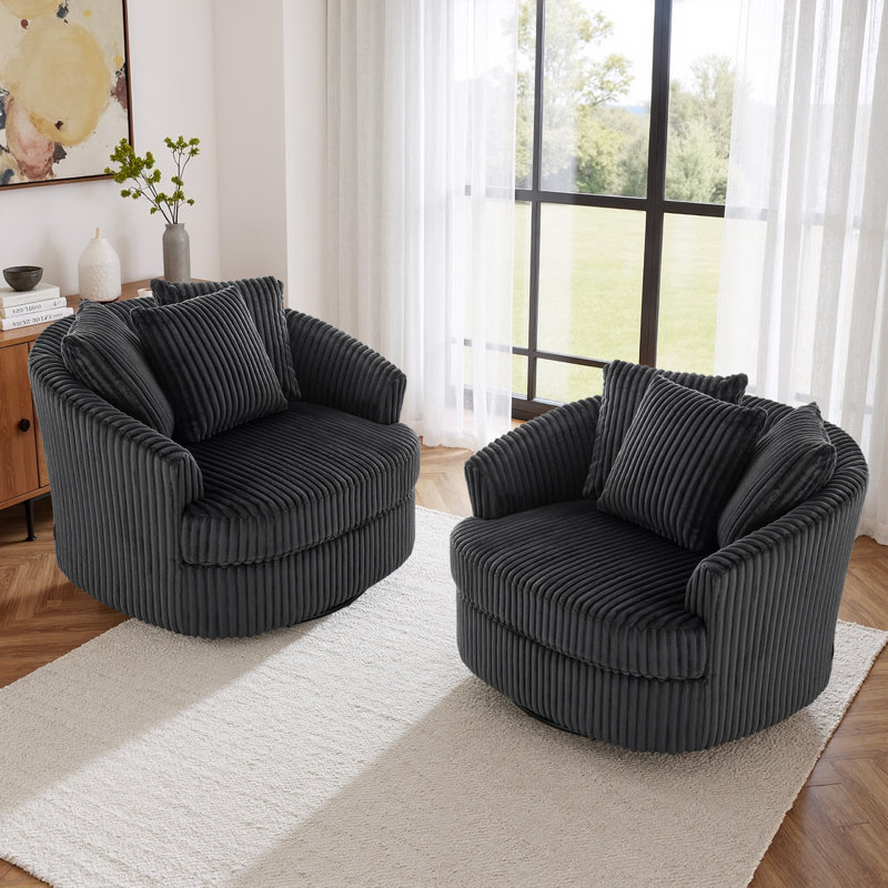 Fauteuil demi-tonneau surdimensionné ultra moelleux en fausse fourrure de lapin avec trois coussins, Gris foncé