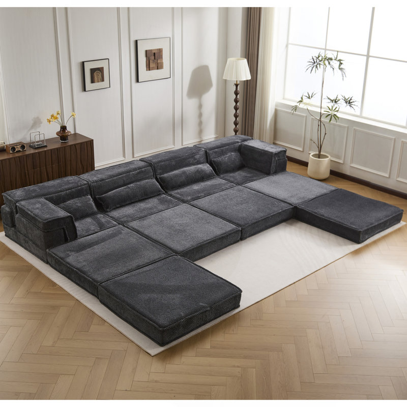 Canapé à compression Mahjong, canapé-lit convertible au sol, canapé modulaire modulaire désossé DIY, aucun assemblage requis, tissu polaire circulaire, surdimensionné à 4 places avec 1 repose-pieds, gris foncé