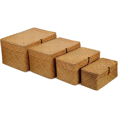 Rectangular Woven Seagrass Storage Baskets For Shelves, Natural Fiber Organizer Bins