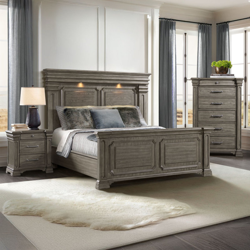 Adline Bedroom Set, Gray, 3 Pcs: Bed, Chest, Nightstand, King