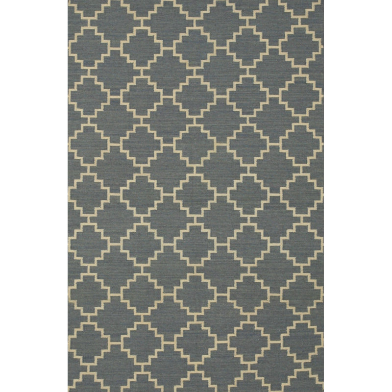 Blue Flat Weave Wool Stepped Diamond Lattice Geometric Modern Contemporary Carpet Rug, 10' x 14'
