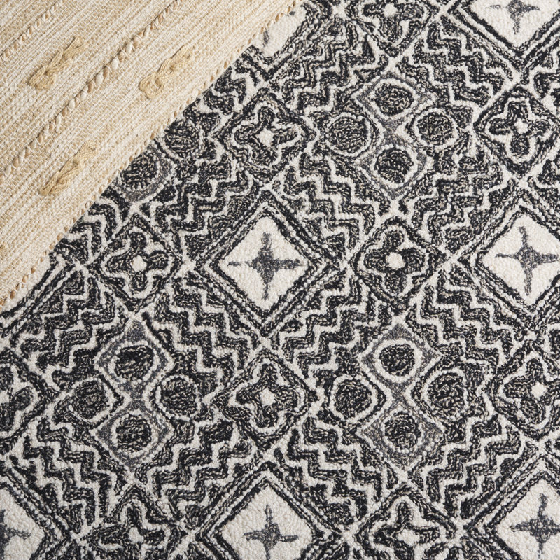 Masahiko Hand Tufted Wool/Cotton Geometric Rug in Ivory/Black, Square 3'