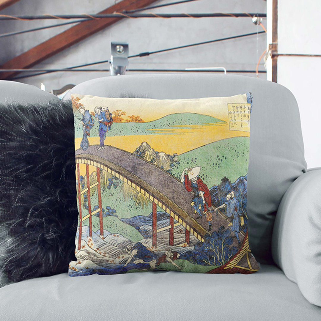 Crossing the Bridge by Katsushika Hokusai Cushion with Filling