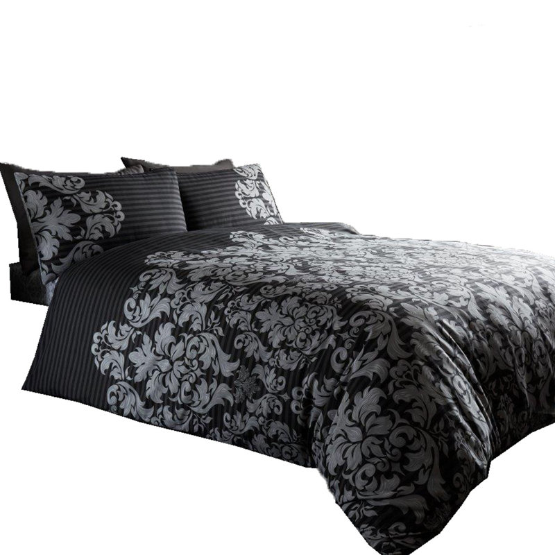 Damask Pattern Duvet Cover Set with Matching Pillowcases - Polycotton Bedding Set - Washable, Single, Black