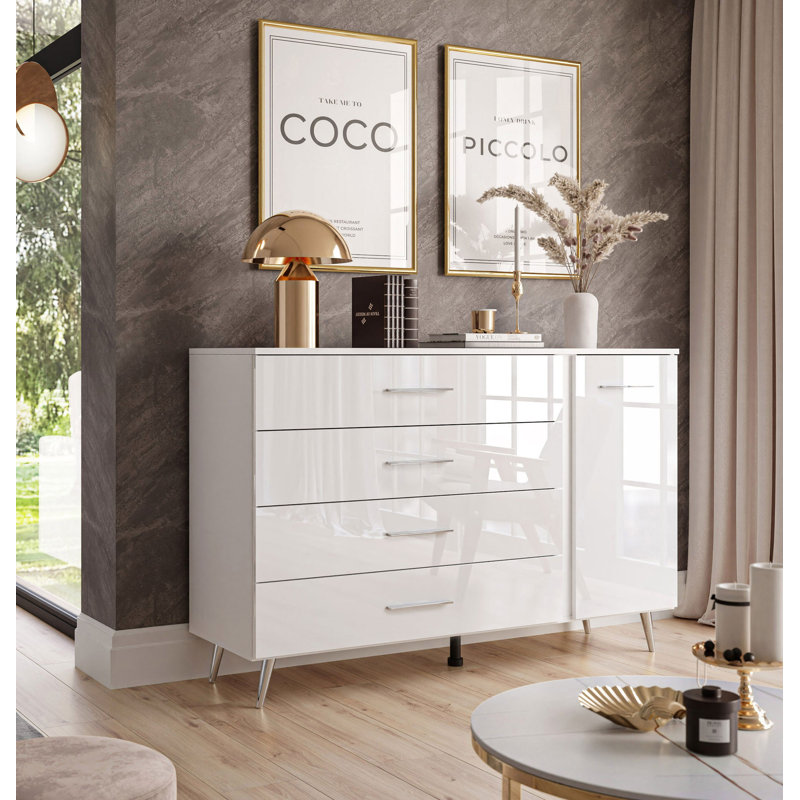 138CM Sideboard Aura II Gloss With Handles and Legs, Chrome