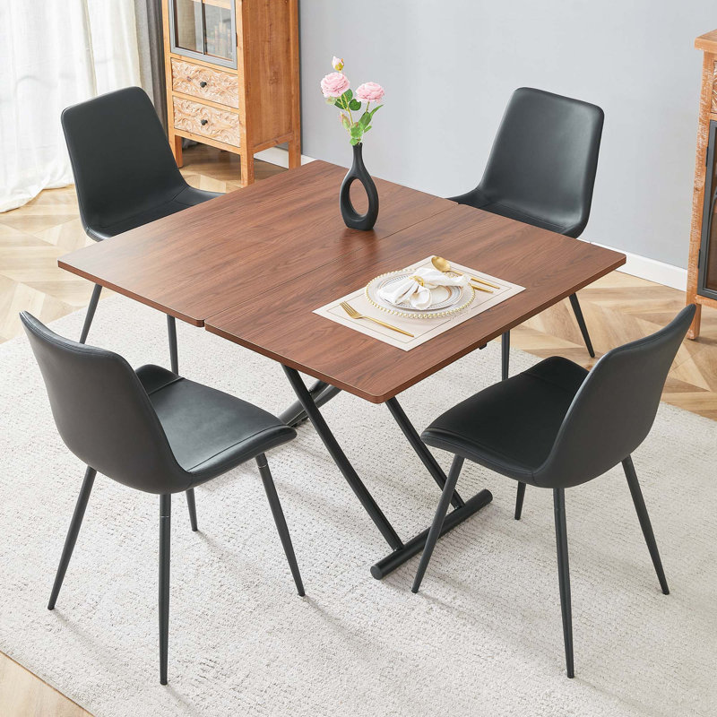 Ensemble de table et de chaises. Plateforme de levage multifonctionnelle moderne, plateau en panneau de fibres à densité moyenne avec autocollant grain de bois de noyer, pieds en métal.