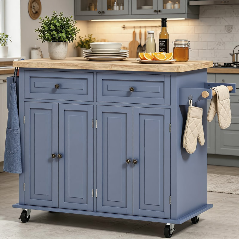 Îlot de cuisine roulant avec plateau de rangement en bois d'hévéa mobile résistant à l'eau et facile à nettoyer, Navy