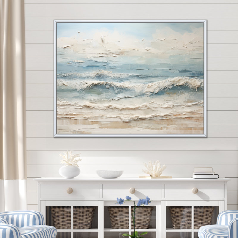 Peinture de plage côtière beige et bleue - Reproductions encadrées de plage côtière, H 16 po x l 32 po, Blanc