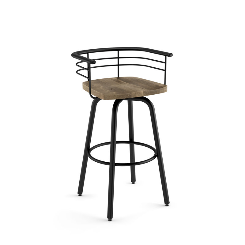 Tabouret de bar et de comptoir pivotant en bois massif Friedell, Métal noir texturé, Bois beige