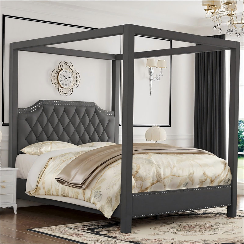 Upholstered Canopy Bed Frame with Tufted Headboard, Nailhead Trim, No Box Spring Needed, Queen, Gray