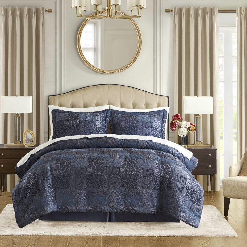 Édredon grand bleu marine 4 pièces avec durabilité améliorée 2022. -, fermeture à glissière cachée sur les taies décoratives. L 92 po x L 96 po, taies décoratives l 20 po x L 26 po + P 2 po, l 60 po x L 80 po + P 15 po. Chenille avant, arrière solide, processus de garniture de corde décorative pour