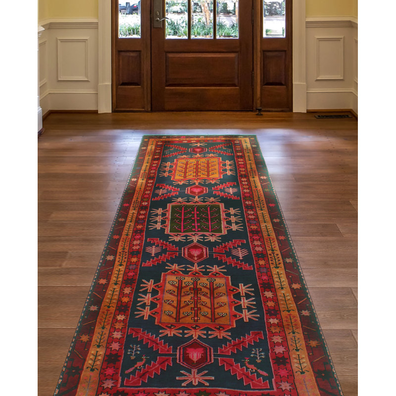 One-of-a-Kind 3'5" x 10'10" 1980s Runner Wool Area Rug in Beige and Navy