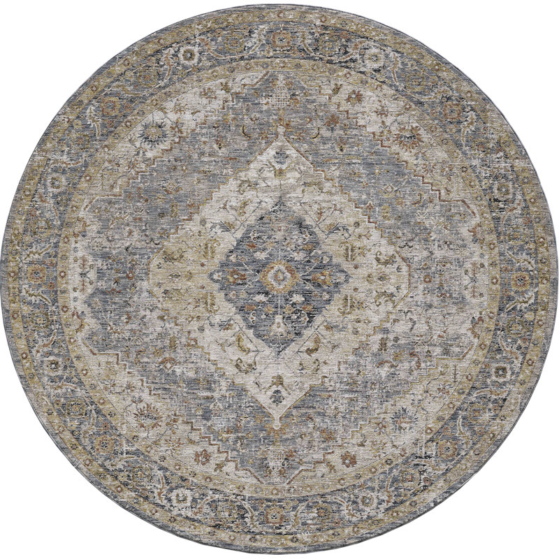 Tapis oriental en polyester tissé à la machine, Rond 7 pi 10 po, Bleu